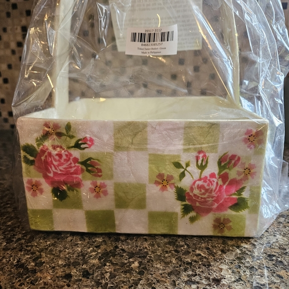 Mackenzie-Childs Green Checkered Floral Basket - Picture 2 of 9